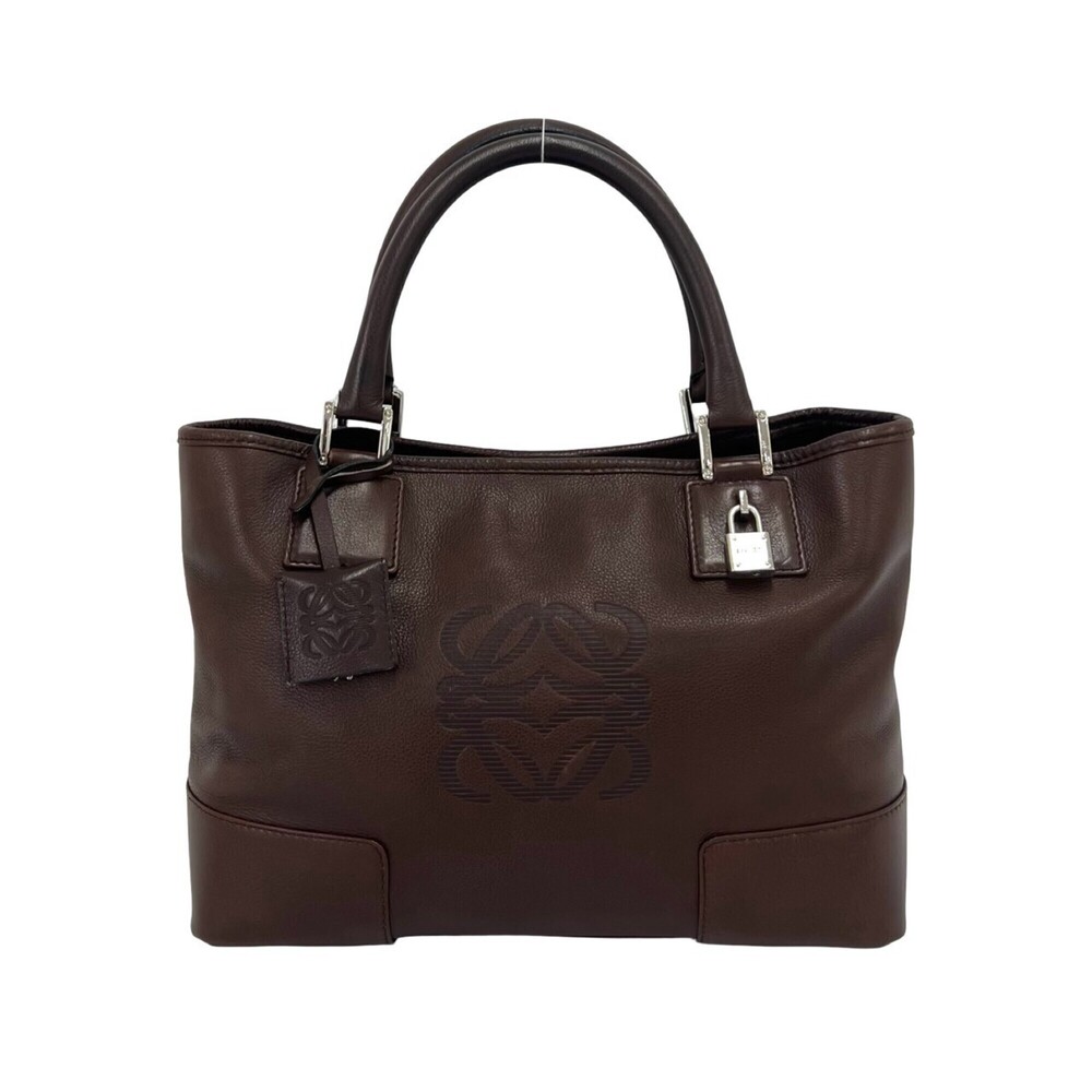LOEWE Fusta Anagram Logo Pattern Leather Handbag Tote Bag Boston Brown 25878